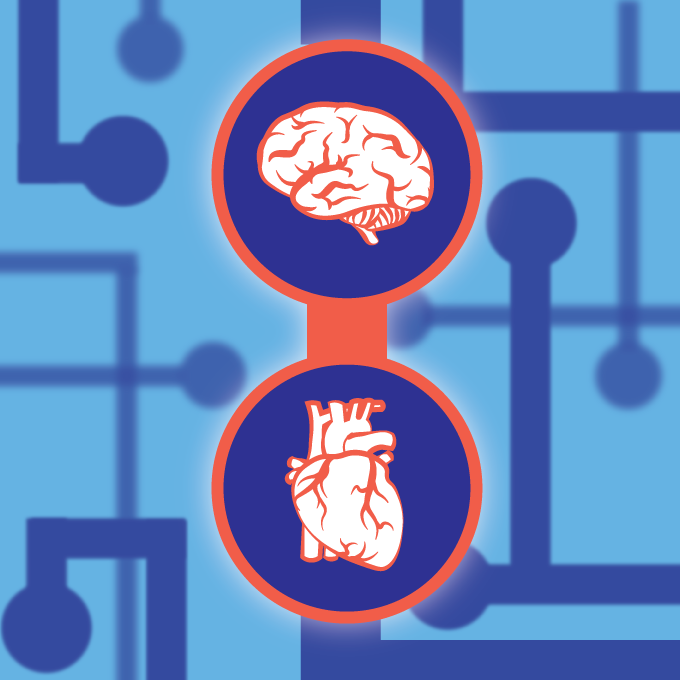 Illustration of a red brain and heart in two circles connected against a blue background