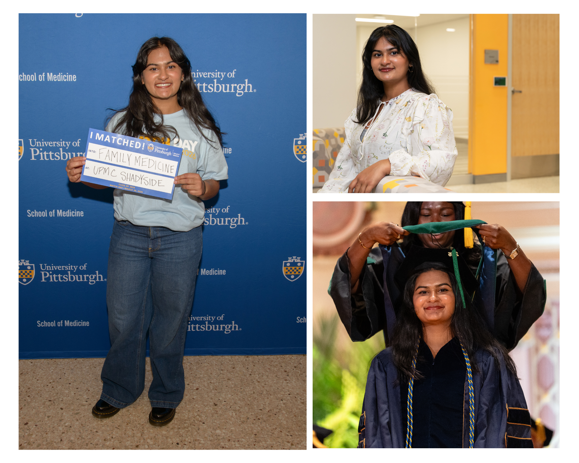 A collage of photos of Amrita Mani throughout medical school: On Match Day holding a sign that says UPMC Shadyside, on graduation being hooded and a portrait