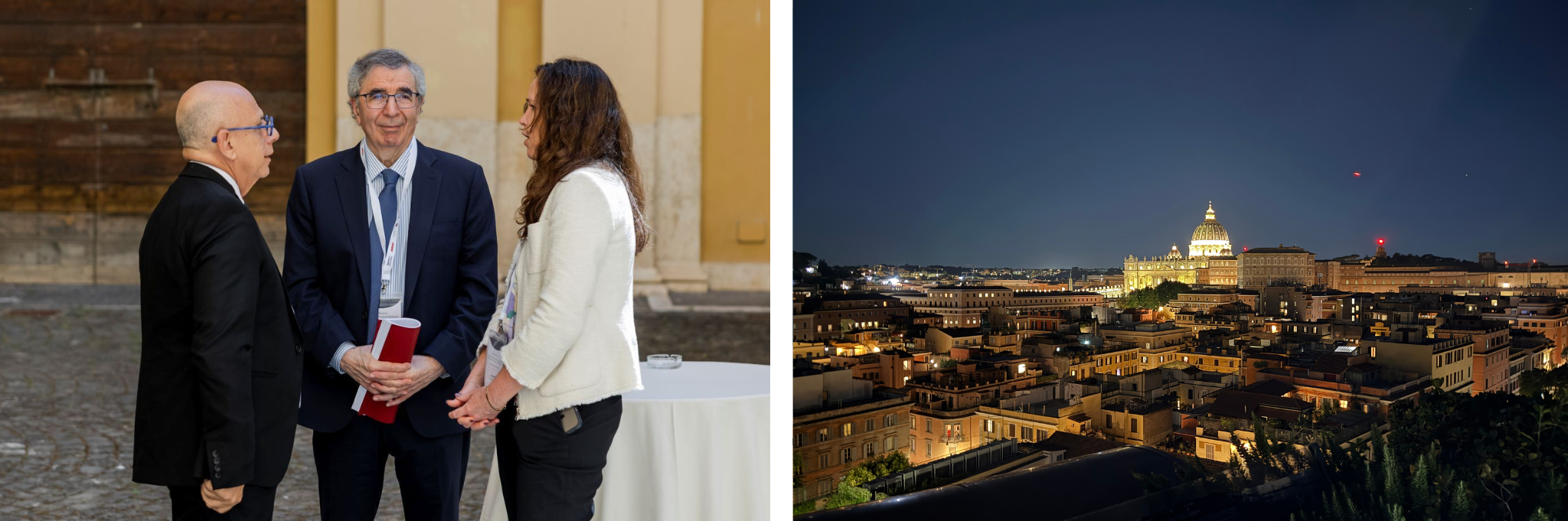 Photo one is Three people standing outside and having a conversation.  Photo two is the Vatican city skyline in the background of a rooftop deck. 