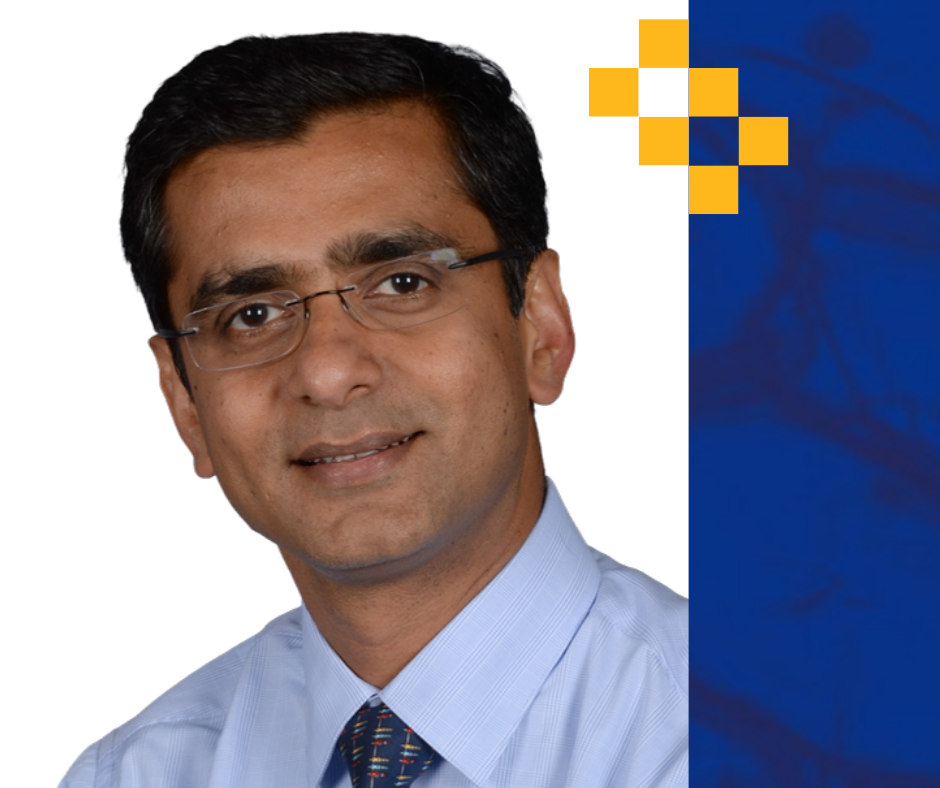 A headshot of Sachin Yende with a blue cellular background and a yellow Pitt Health Sciences six block logo